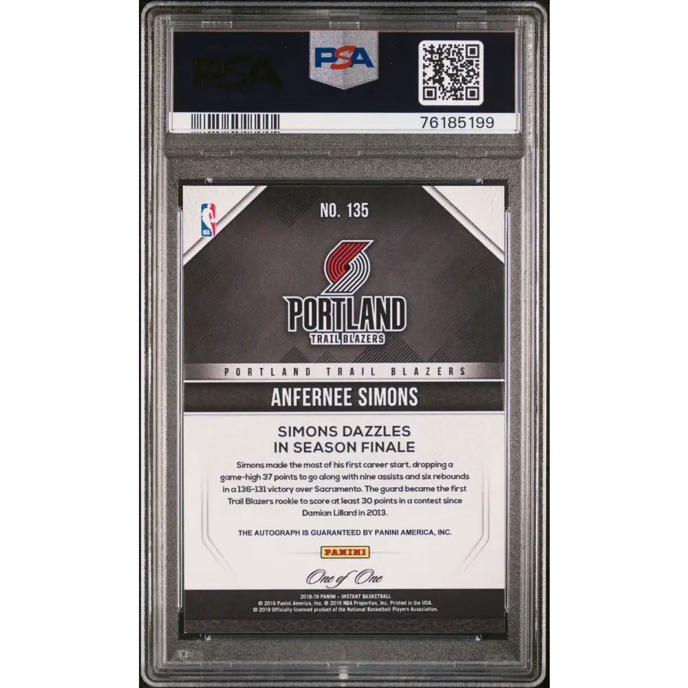2018 Panini Instant #135 Anfernee Simons Autograph-Black 1/1 PSA 8