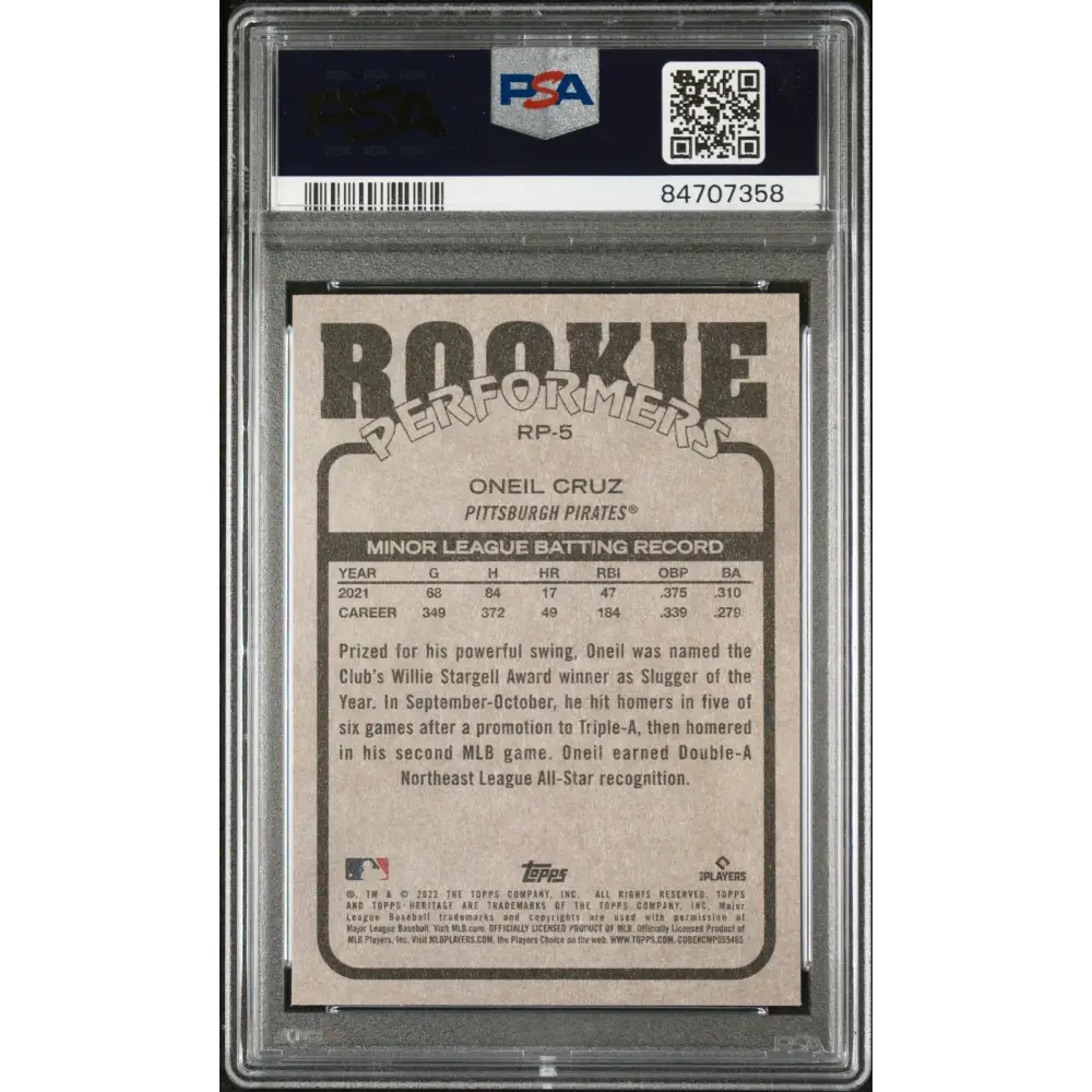 2022 TOPPS HERITAGE HIGH NUMBER ROOKIE PERFORMERS ONEIL CRUZ #RP5 - PSA 10 - Graded Sports Cards PSA 10