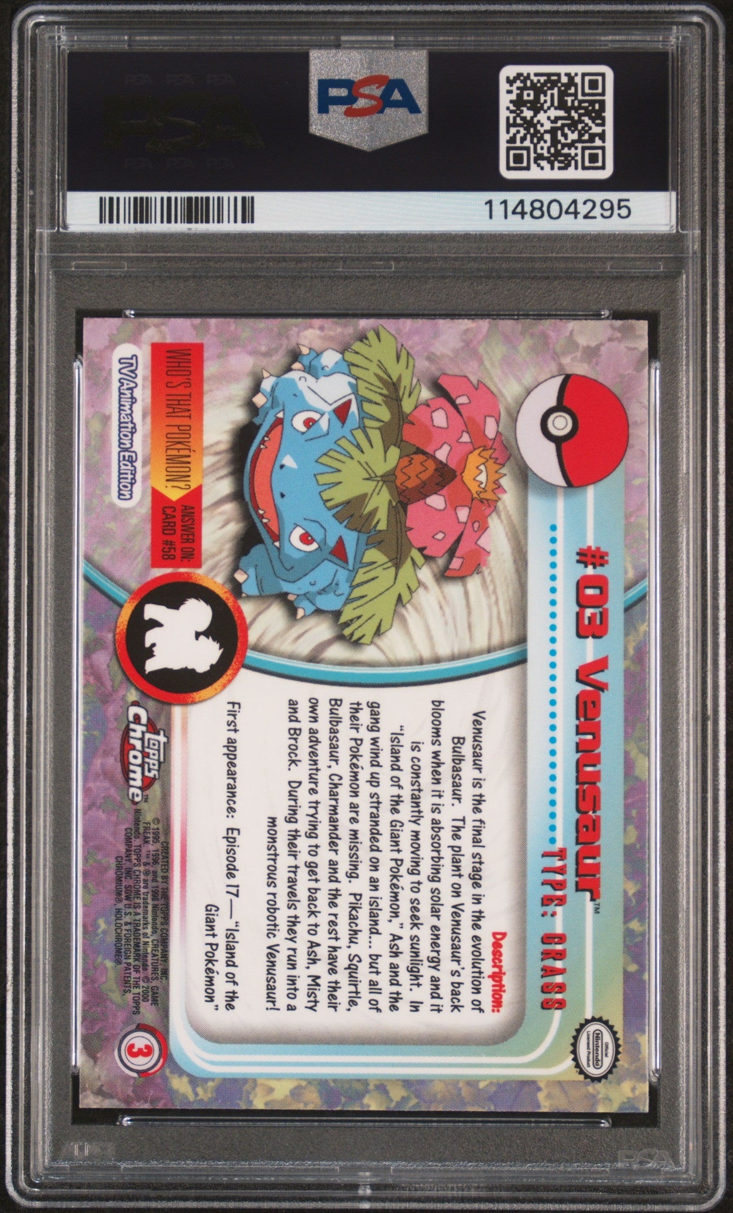 Venusaur 2000 Topps Chrome Pokemon T.V. #3 Pokemon T.V. PSA 10