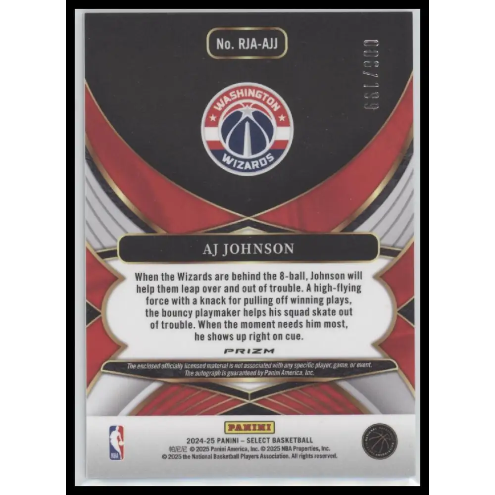 AJ Johnson 2024-25 Panini Select #RJA-AJJ Rookie Jersey Autographs #/199 - Trading Card