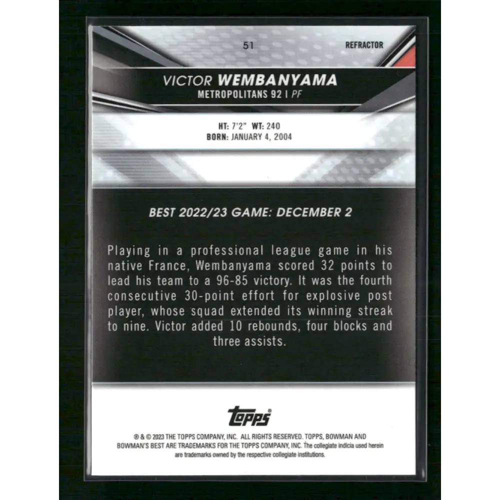 Victor Wembanyama 2022-23 Bowman University Best #51 Refractors - Trading Card