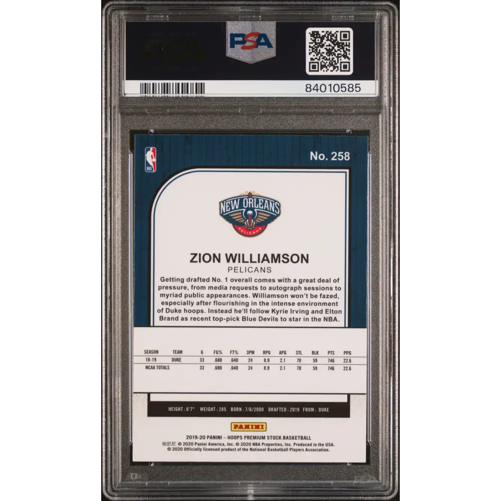 Zion Williamson 2019 Panini Hoops Premium Stock #258 PSA 10 - Graded Trading Card