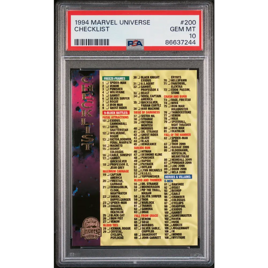 1994 MARVEL UNIVERSE CHECKLIST #200 - PSA 10 - Graded Marvel PSA 10