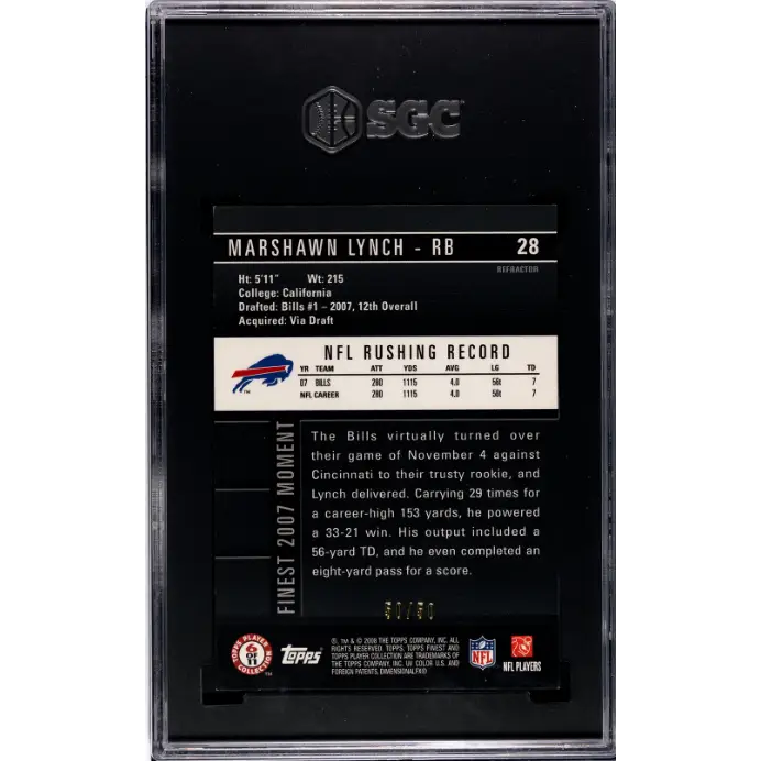 2008 Topps Finest #28 Marshawn Lynch Gold Refractor SGC 8