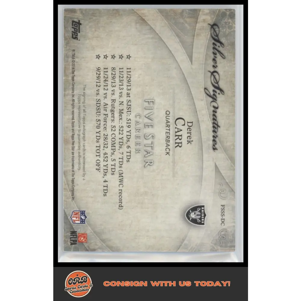 2014 Topps Five Star Derek Carr Rookie Patch Auto /49 - Trading Card
