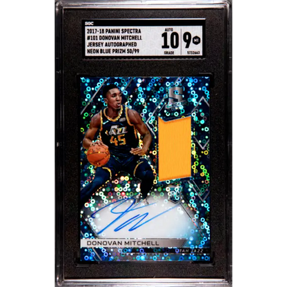 2017-18 Panini Spectra #101 Donovan Mitchell Jersey Auto. Neon Blue Prizm SGC 9