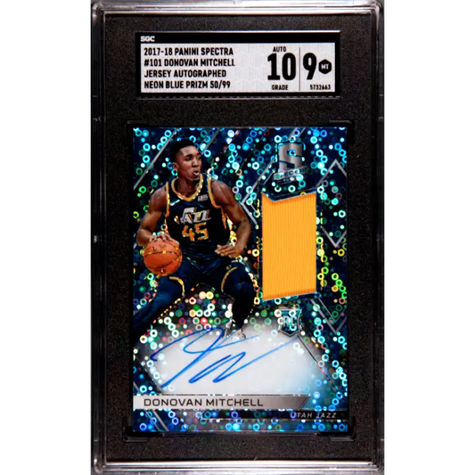 2017-18 Panini Spectra #101 Donovan Mitchell Jersey Auto. Neon Blue Prizm SGC 9