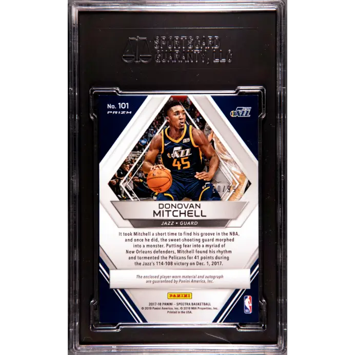 2017-18 Panini Spectra #101 Donovan Mitchell Jersey Auto. Neon Blue Prizm SGC 9