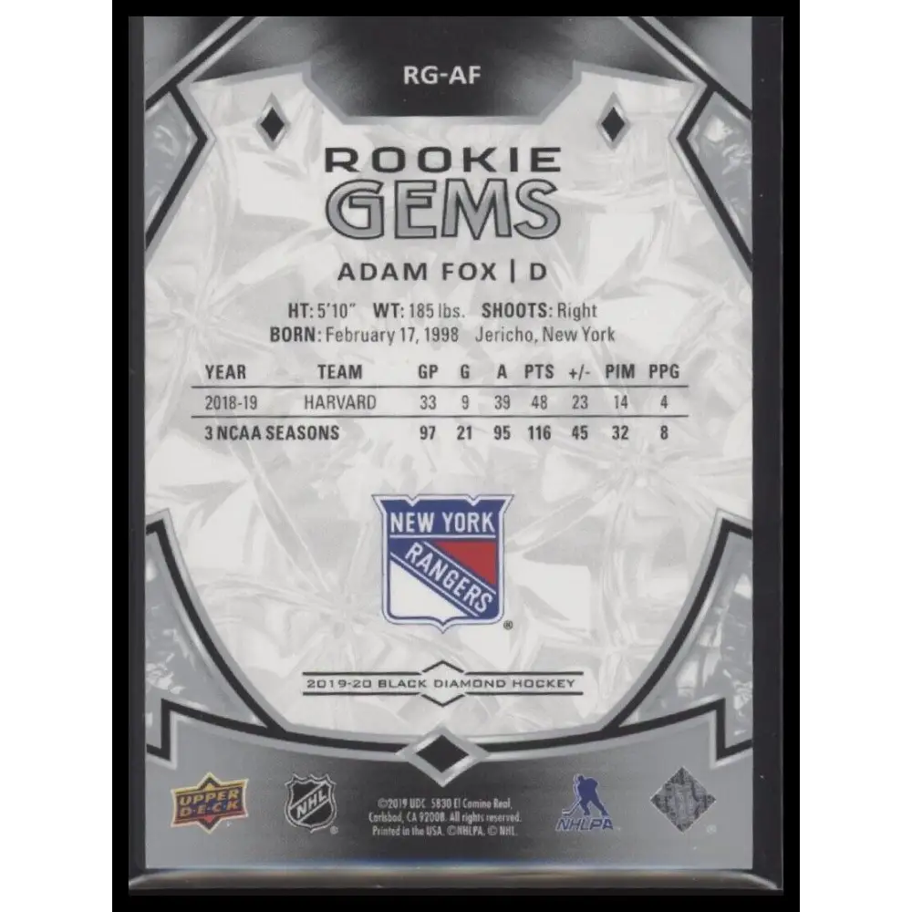 2019-20 Upper Deck Black Diamond #RG-AF Adam Fox Rookie Gems #/399
