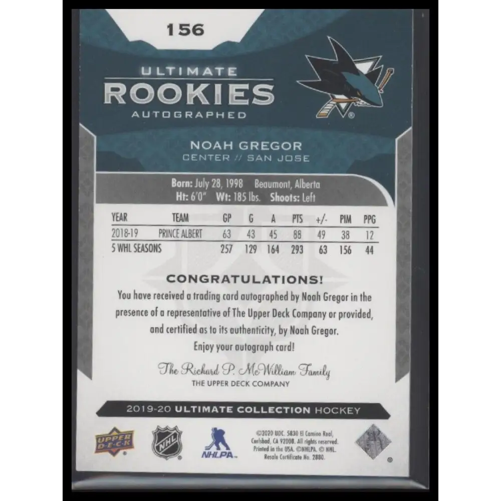 2019-20 Upper Deck Ultimate Collection #156 Noah Gregor #/299