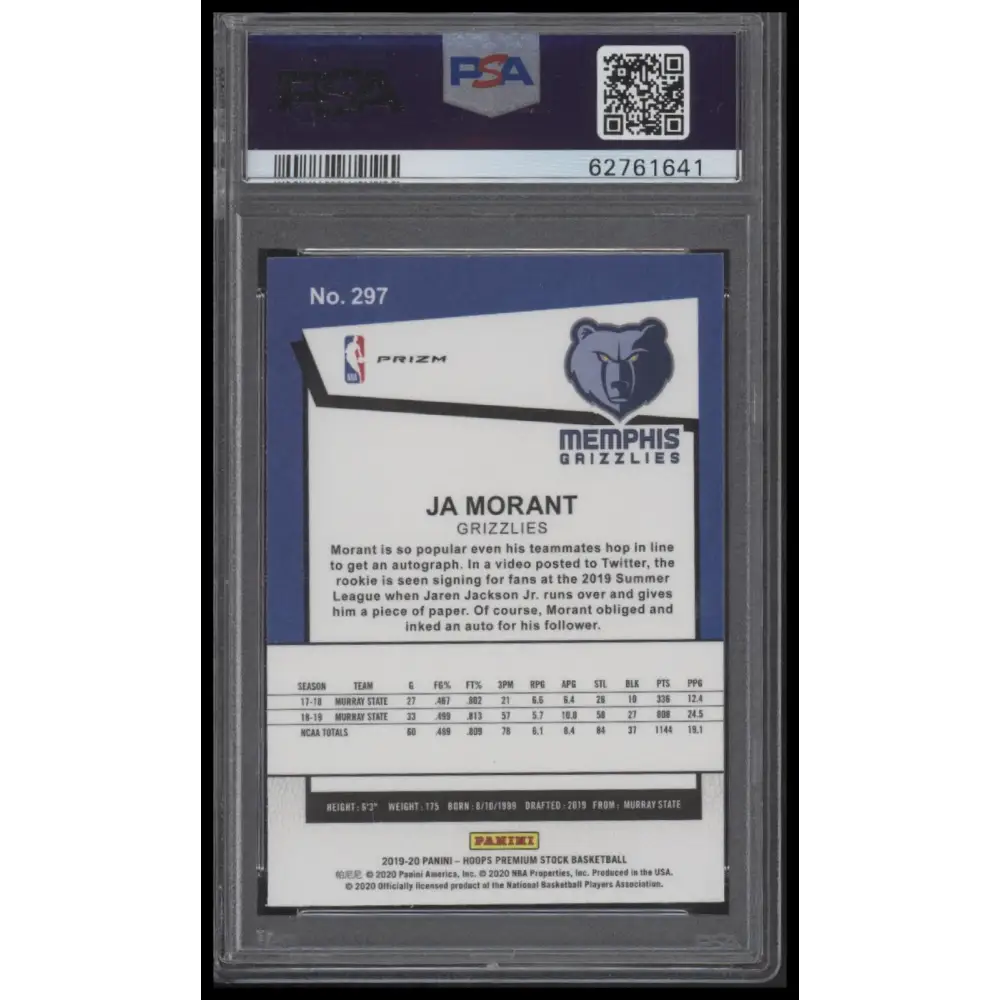 2019 Panini Hoops Premium Stock #297 Ja Morant Red Cracked Ice PSA 10
