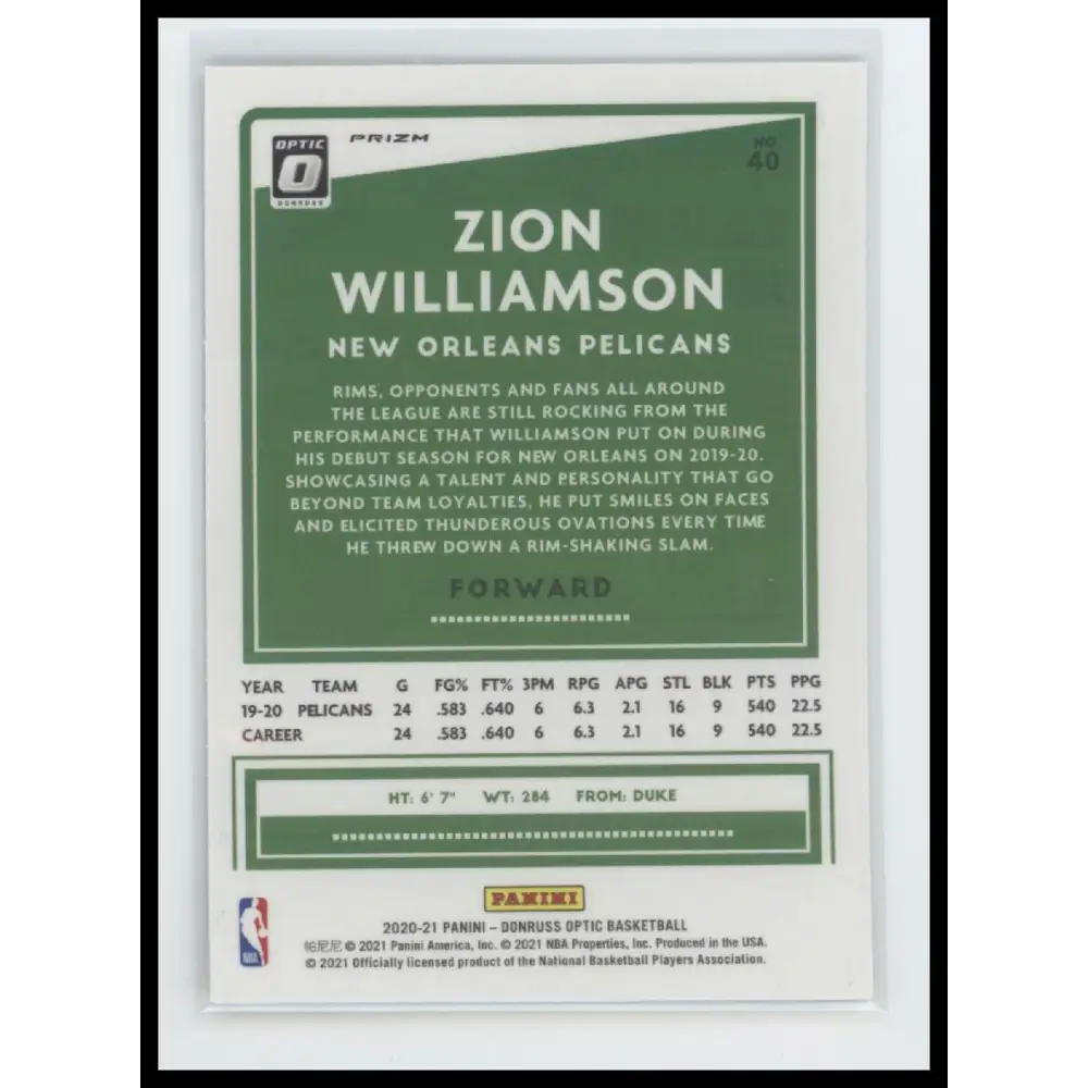 2020-21 Donruss Optic #40 Zion Williamson Fast Break Holo