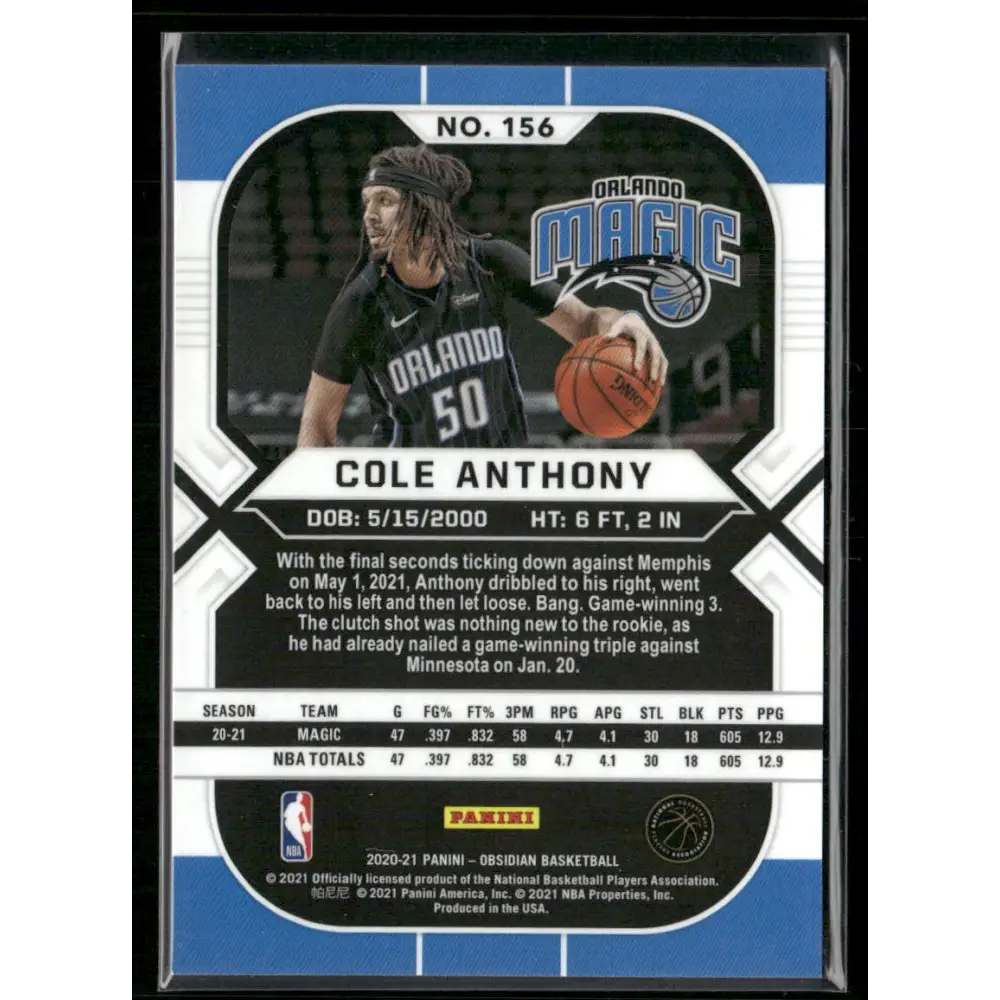 2020-21 Panini Obsidian #156 Cole Anthony Electric Etch