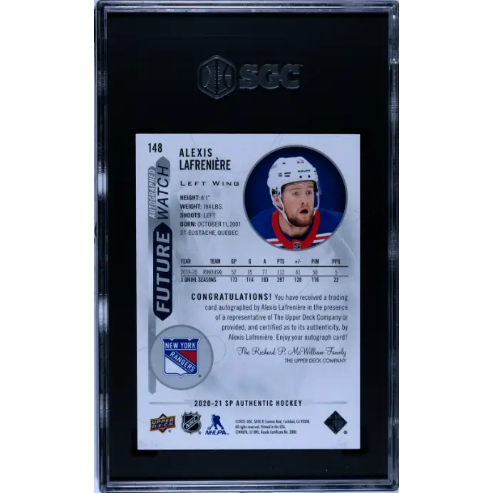 2020-21 Upper Deck SP Authentic #148 Alexis Lafreniere Future Watch Auto. SGC 10