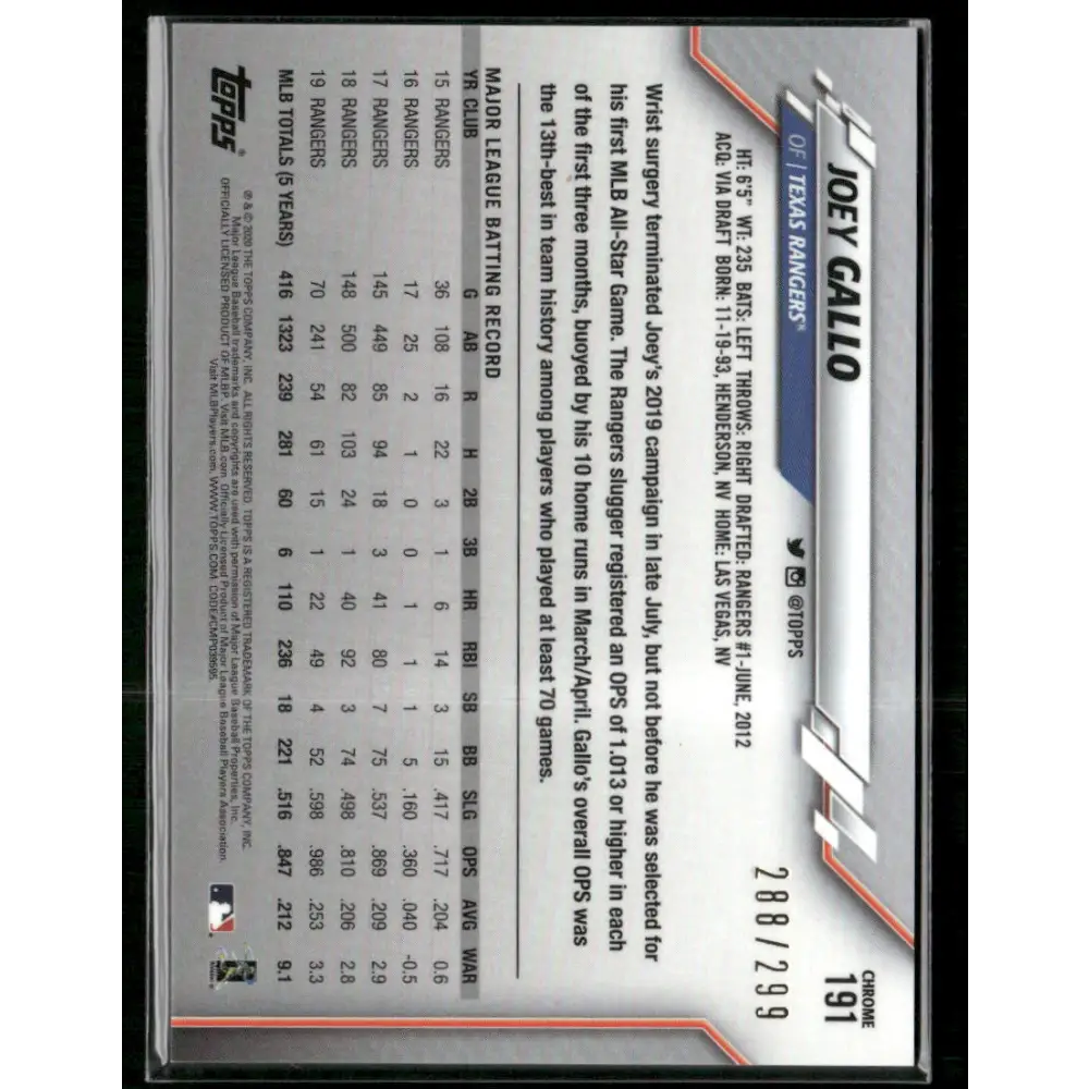 2020 Topps Chrome #191 Joey Gallo Purple Refractor #/299