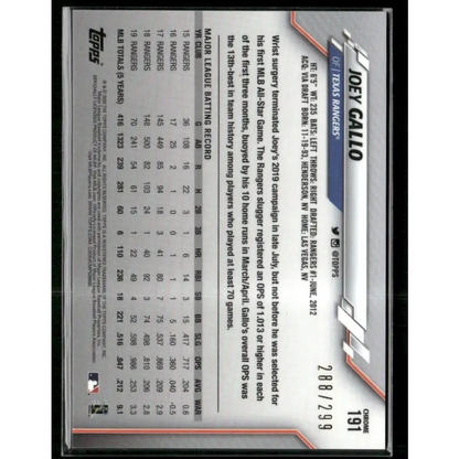 2020 Topps Chrome #191 Joey Gallo Purple Refractor #/299