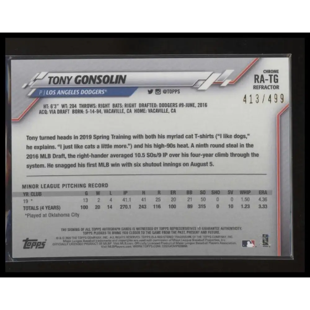 2020 Topps Chrome #RA-TG Tony Gonsolin Rookie Autographs Refractor #/499