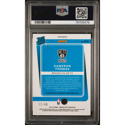 2021 Panini Donruss Optic #153 Cameron Thomas Autograph-Blue PSA 9