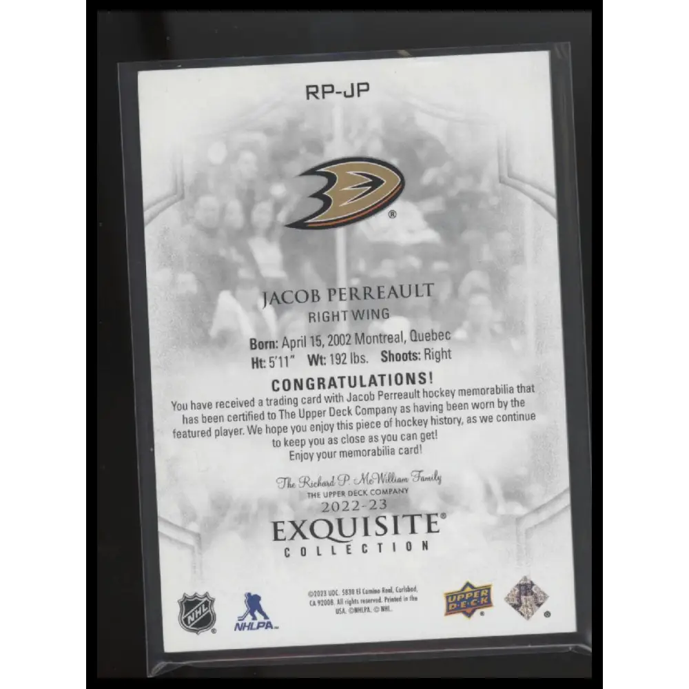 2022-23 Black Diamond Jacob Perreault Exquisite Collection Rookie Patch #/99