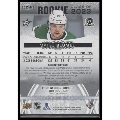 2022-23 Upper Deck The Cup #2023-MB Matej Blumel Rookie Class of 2023 Patch #/49