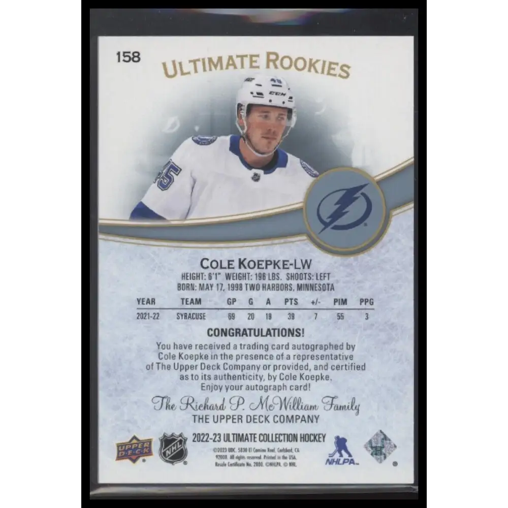 2022-23 Upper Deck Ultimate Collection Cole Koepke Auto /299