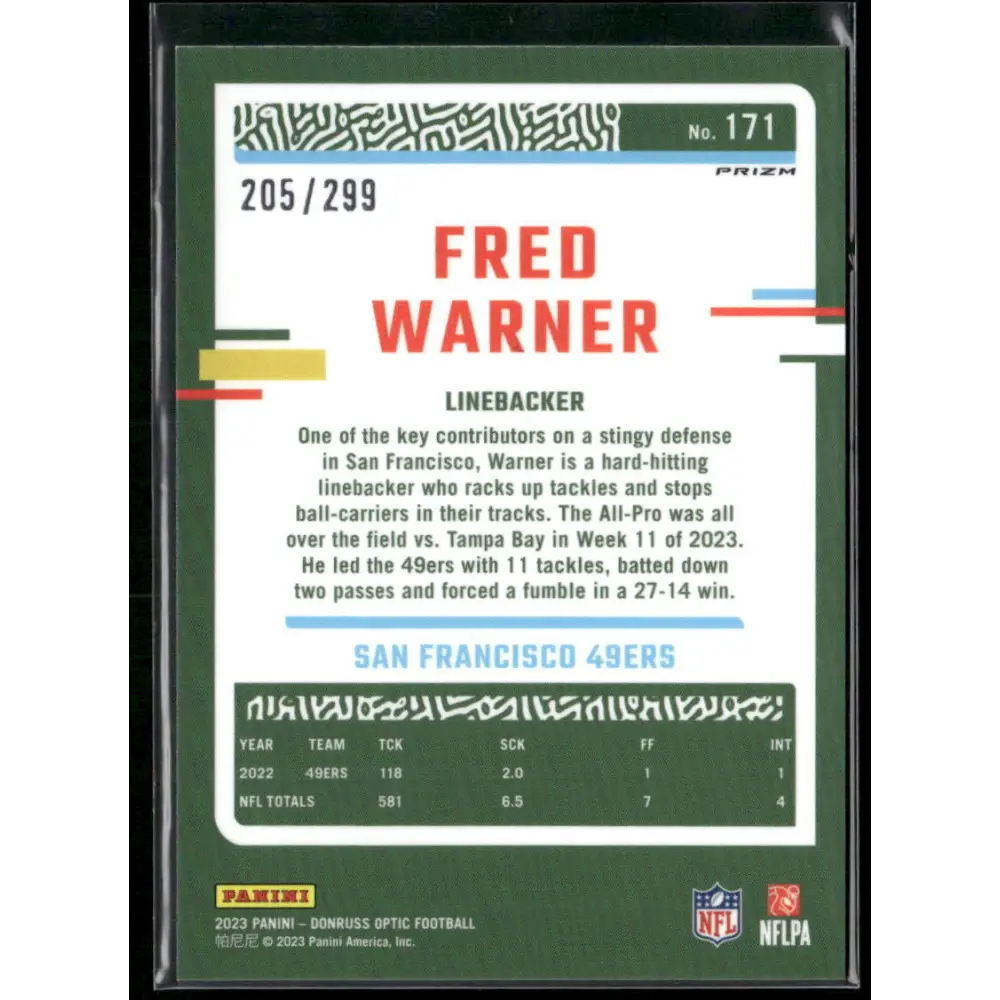 2022 Donruss Optic #171 Fred Warner Aqua #/299