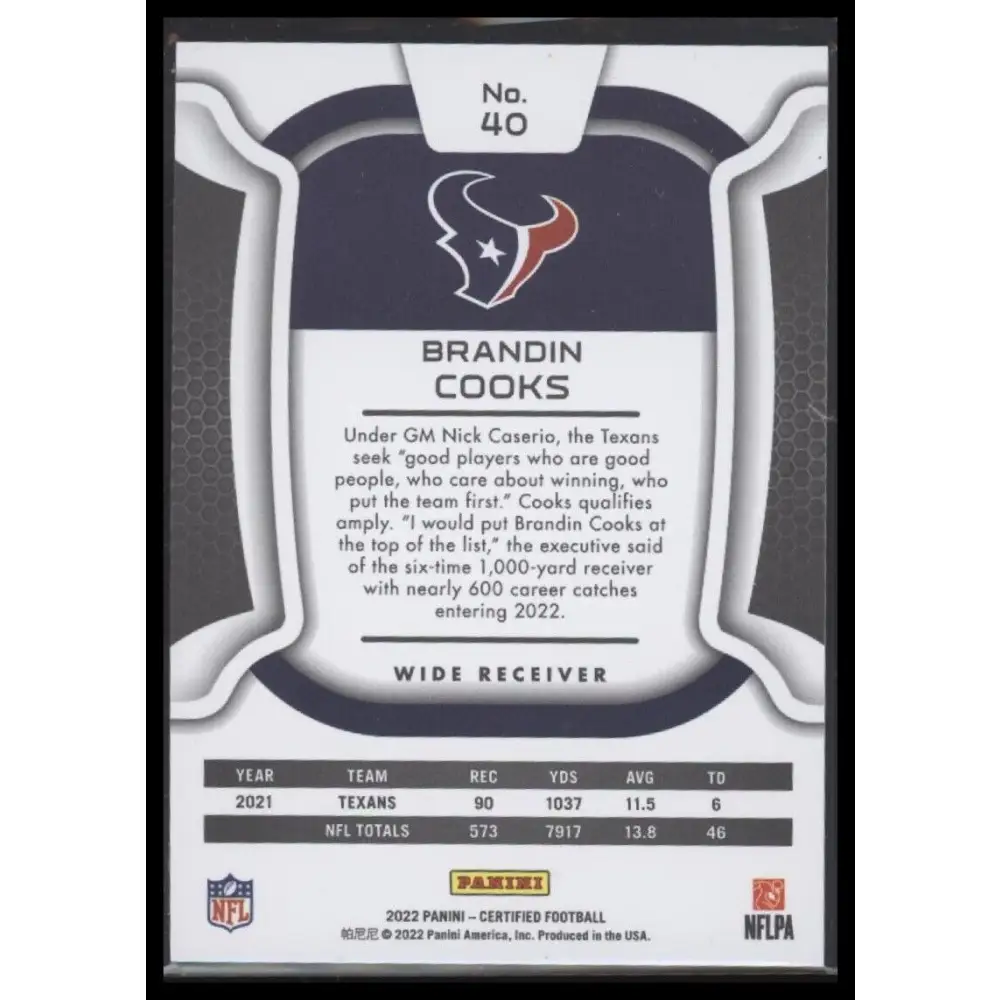 2022 Panini Certified #40 Brandin Cooks Mirror Green #/5