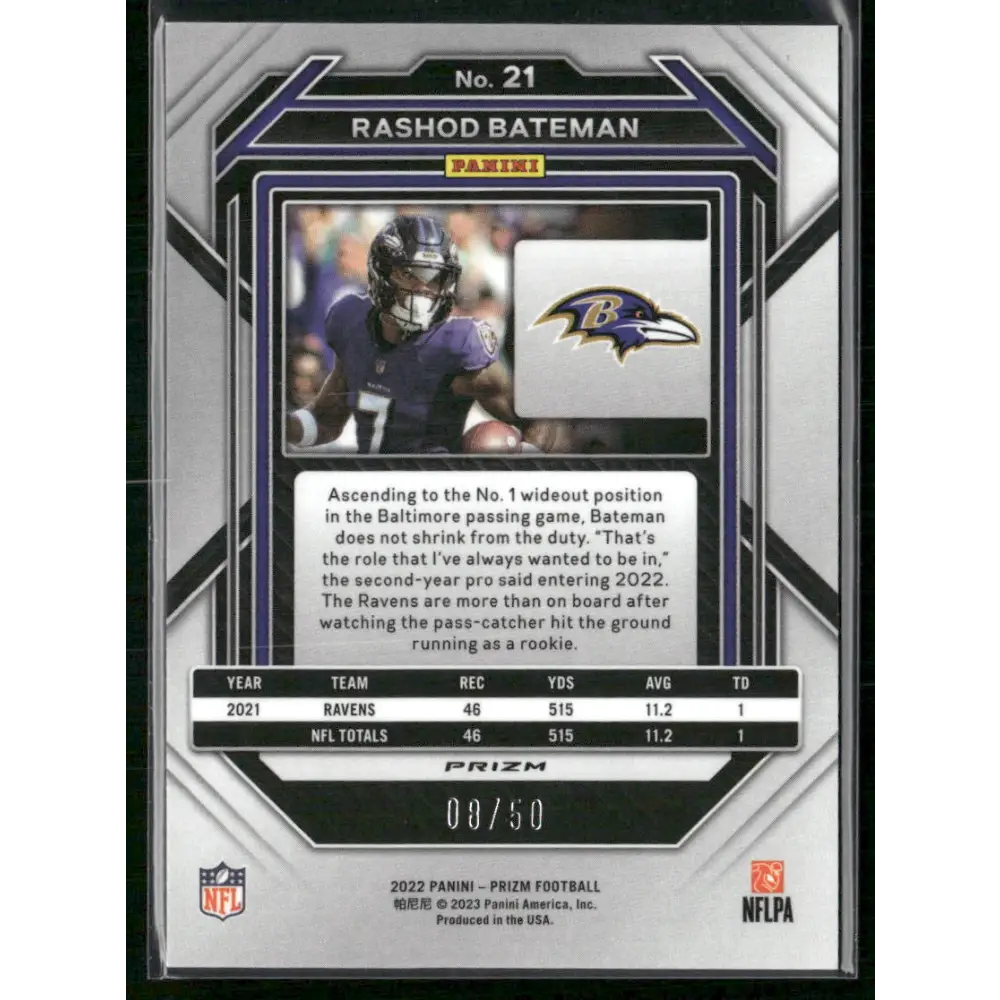 2022 Panini Prizm #21 Rashod Bateman No Huddle Red #/50