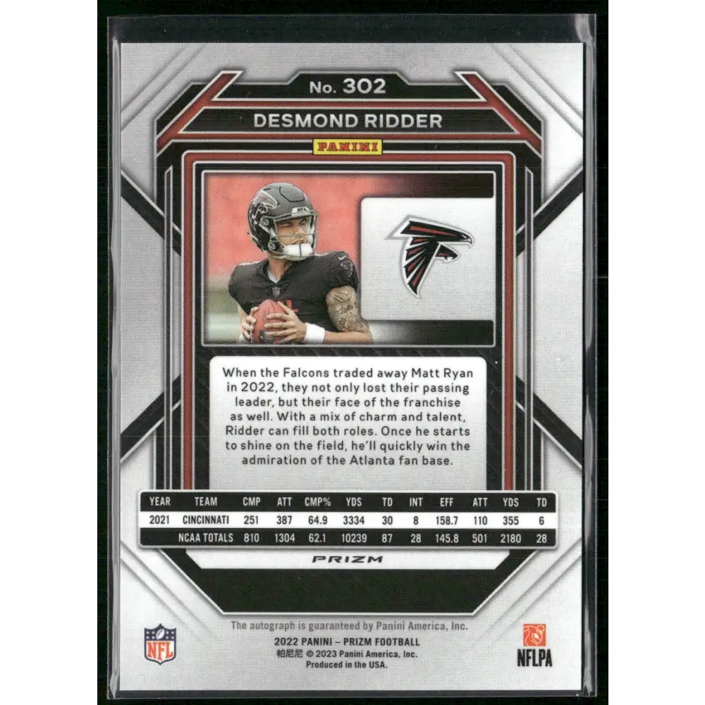 2022 Panini Prizm #302 Desmond Ridder Rookie Autographs Prizm No Huddle