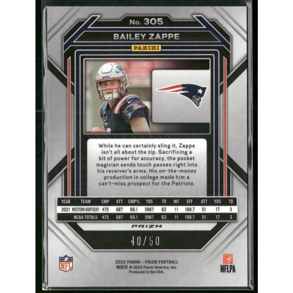 2022 Panini Prizm #305 Bailey Zappe No Huddle Red #/50
