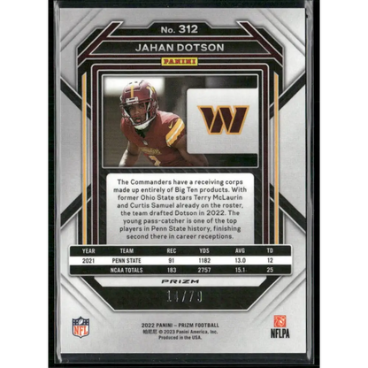 2022 Panini Prizm #312 Jahan Dotson No Huddle Blue #/79
