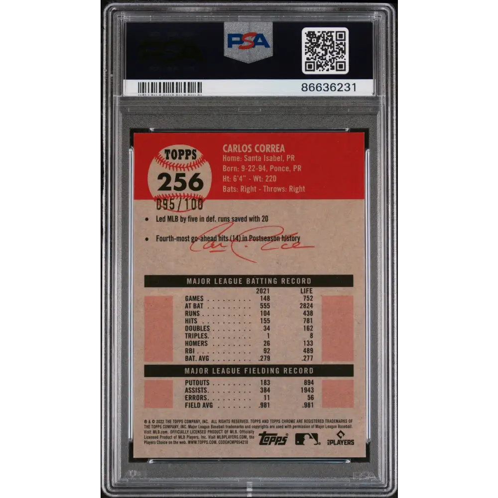 2022 TOPPS CHROME PLATINUM CARLOS CORREA RED ATOMIC REF 256 PSA 10 - Graded Sports Cards PSA 10