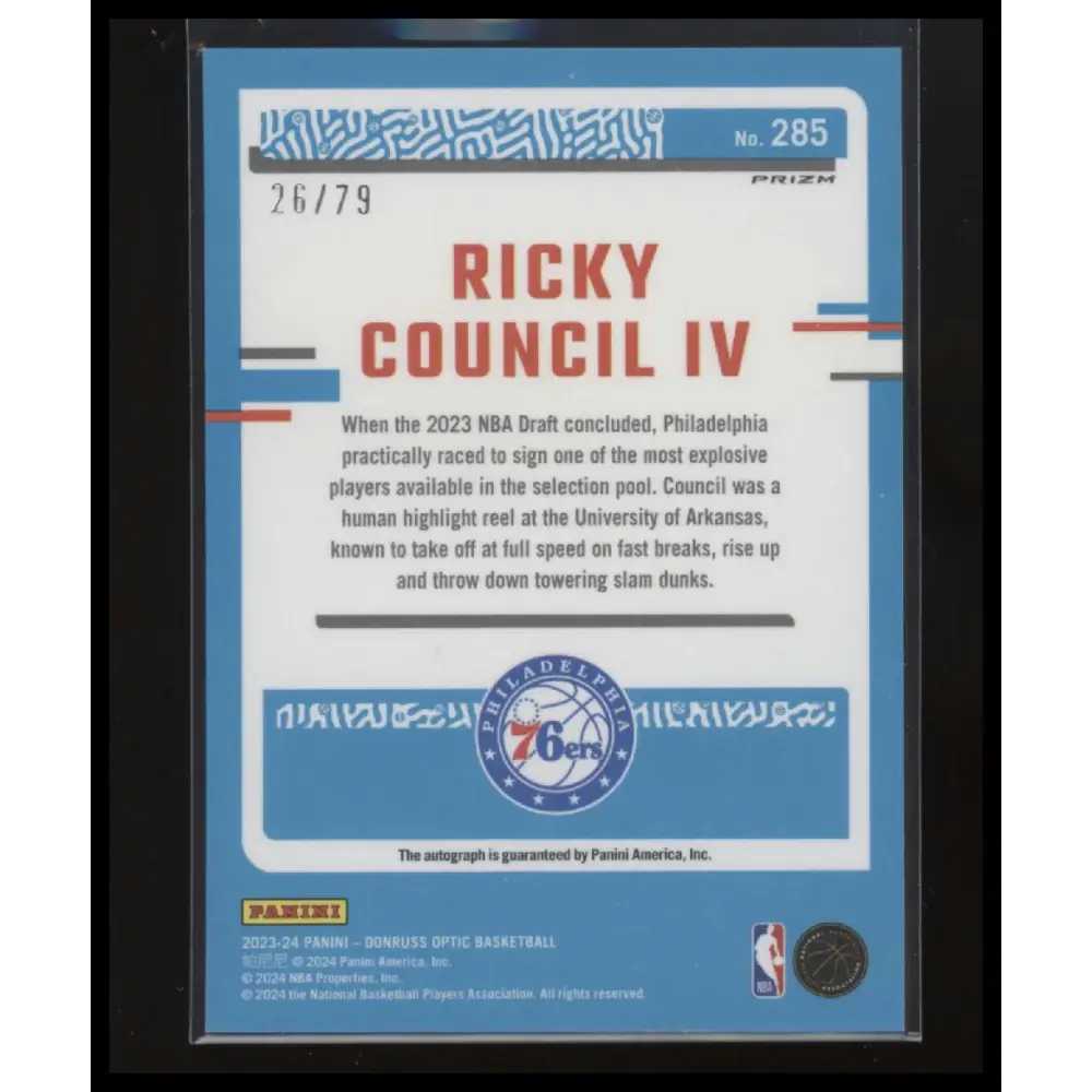 2023-24 Donruss #285 Ricky Council IV Rated Rookies Signatures Choice /79