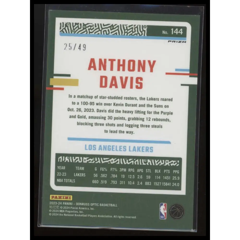 2023-24 Donruss Optic #144 Anthony Davis Fast Break Blue #/49