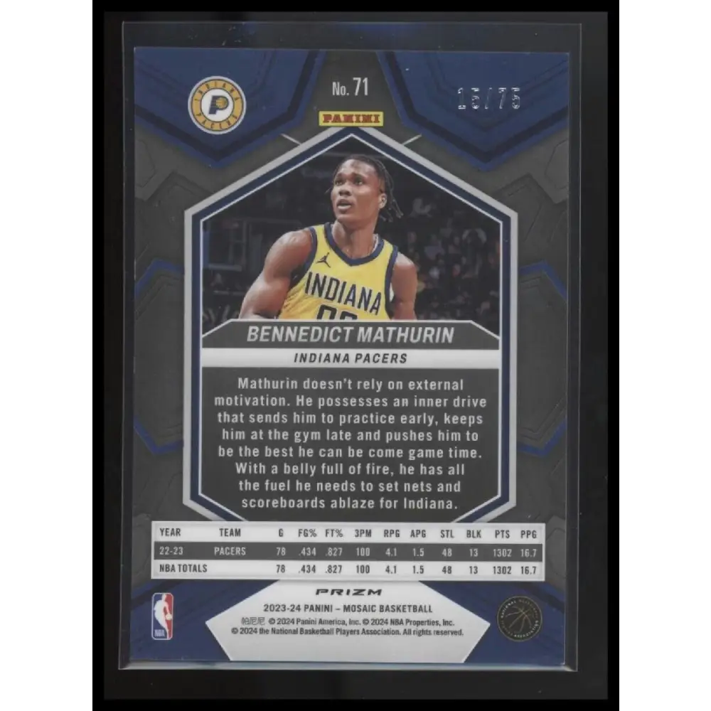 2023-24 Mosaic #71 Bennedict Mathurin Green Mosaic /75 Indiana Pacers