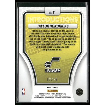 2023-24 Panini Mosaic #11 Taylor Hendricks Introductions Mosaic Teal #/75