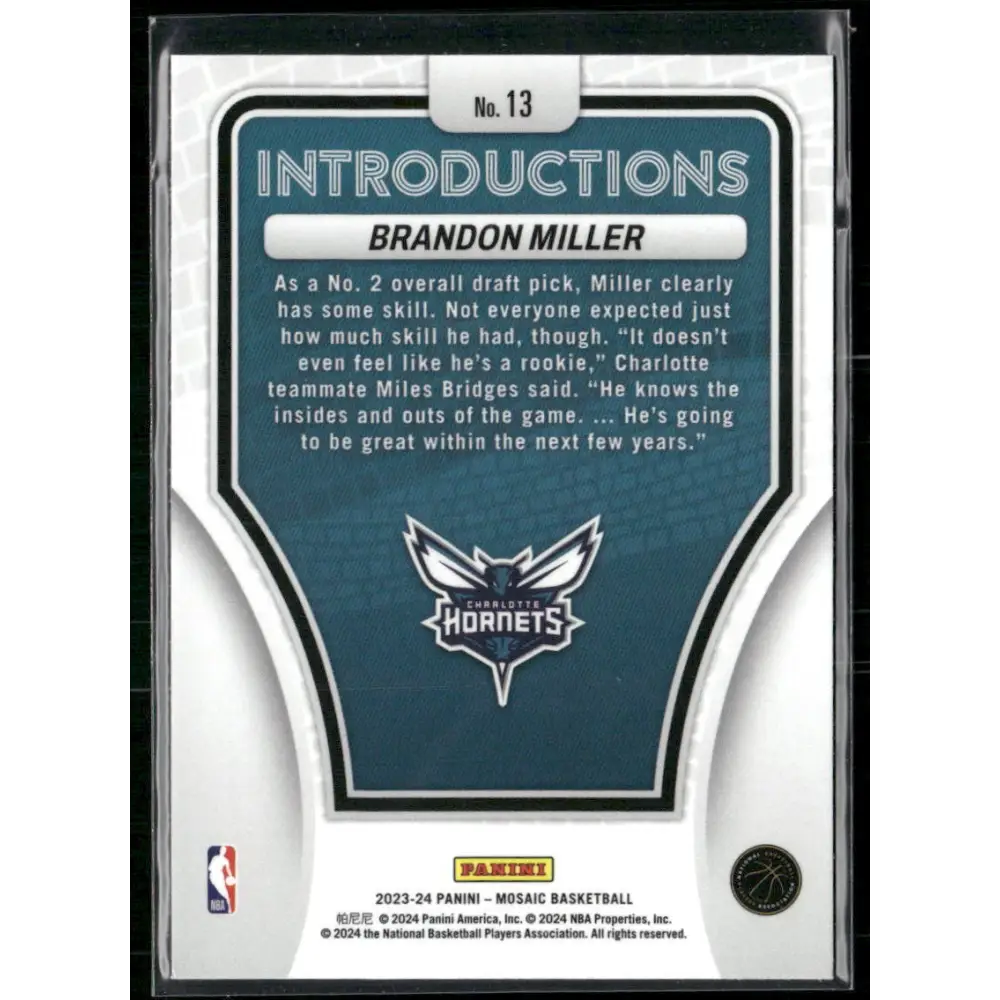 2023-24 Panini Mosaic #13 Brandon Miller Introductions