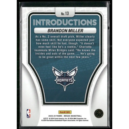 2023-24 Panini Mosaic #13 Brandon Miller Introductions