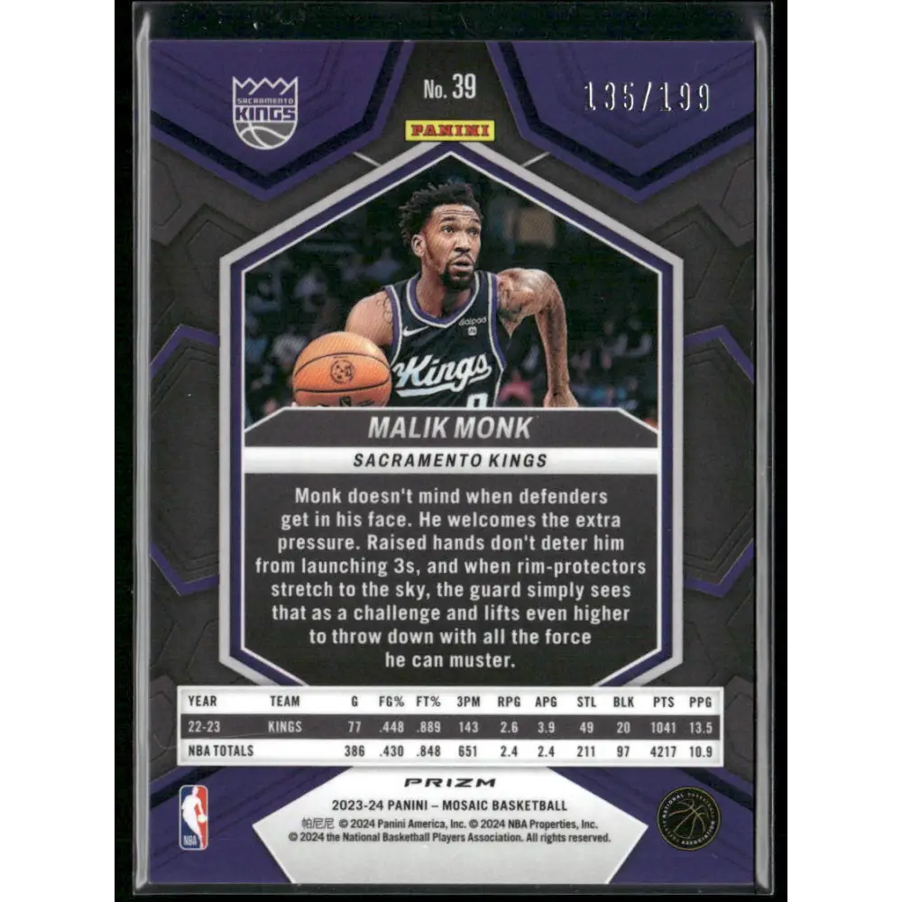 2023-24 Panini Mosaic #39 Malik Monk Blue #/199
