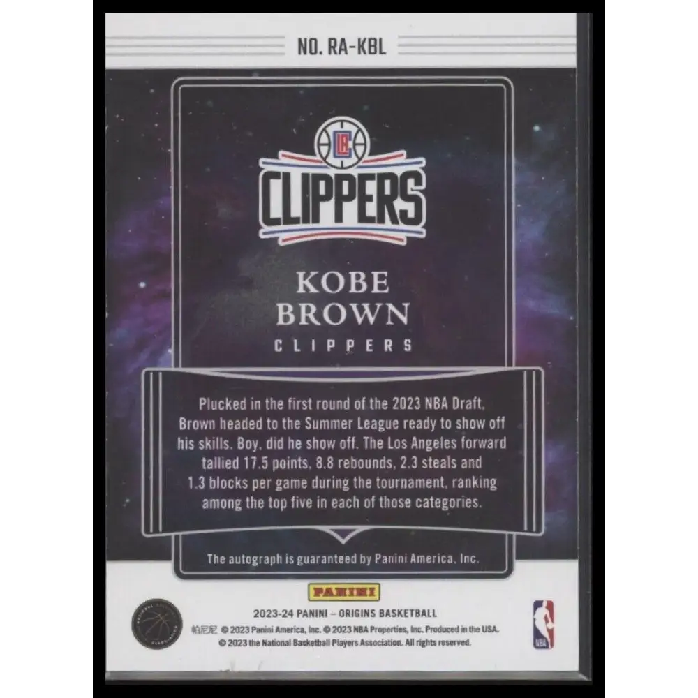2023-24 Panini Origins #RA-KBL Kobe Brown Rookie Autographs