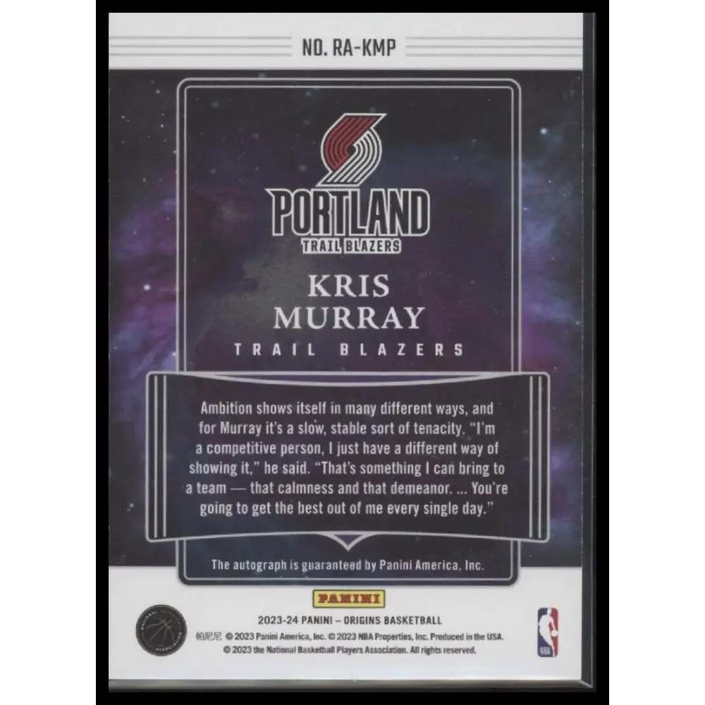 2023-24 Panini Origins #RA-KMP Kris Murray Rookie Autographs Pink #/25