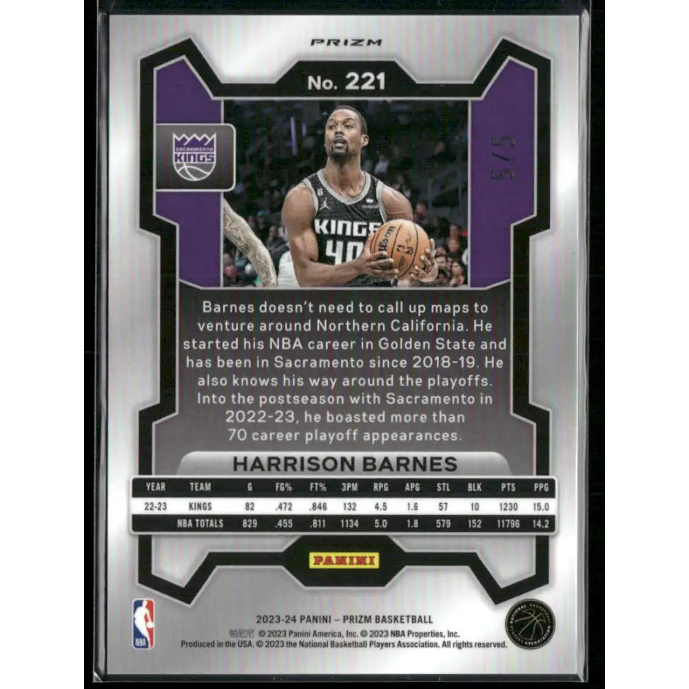 2023-24 Panini Prizm #221 Harrison Barnes Prizms Fast Break Neon Green #/5
