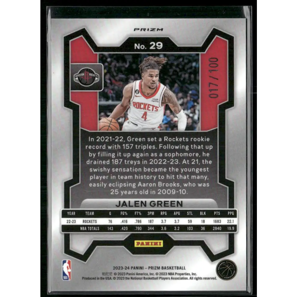 2023-24 Panini Prizm #29 Jalen Green Prizms Fast Break Red #/100
