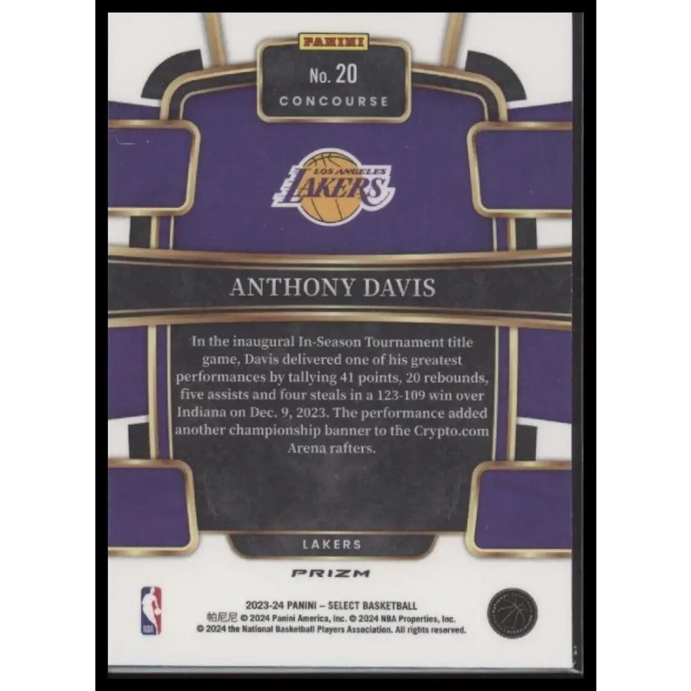 2023-24 Panini Select #20 Anthony Davis Tri-Color Prizms