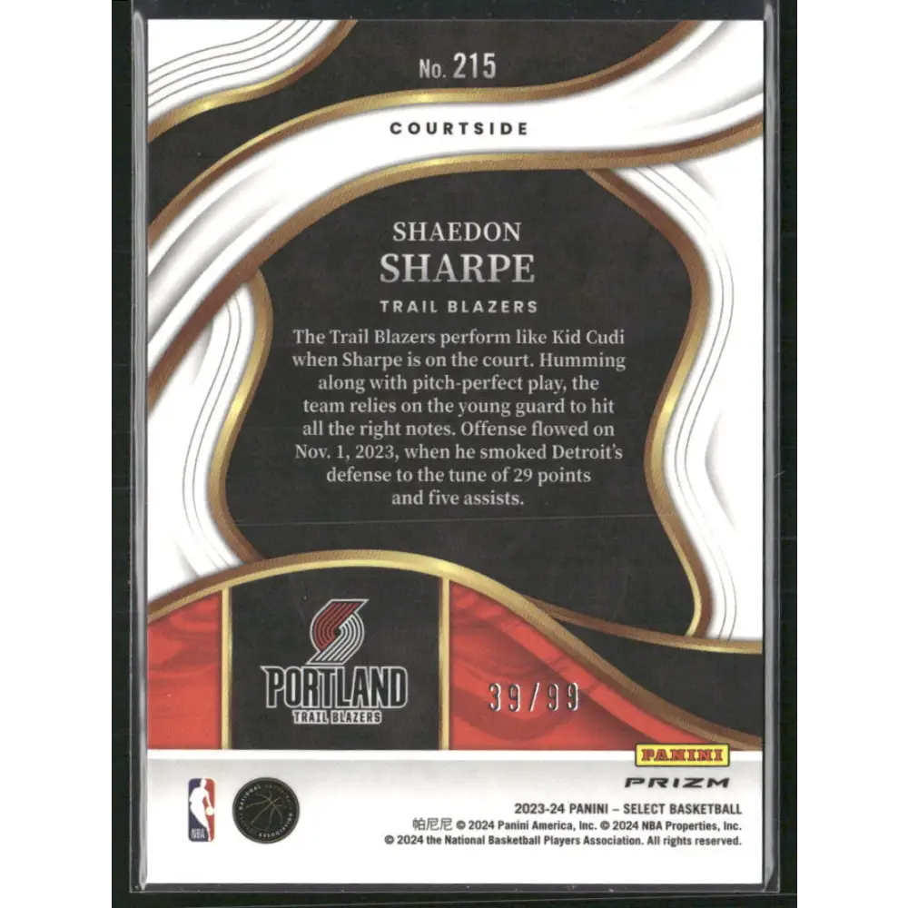 2023-24 Panini Select #215 Shaedon Sharpe Pink Cracked Ice Prizms #/99