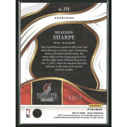2023-24 Panini Select #215 Shaedon Sharpe Pink Cracked Ice Prizms #/99