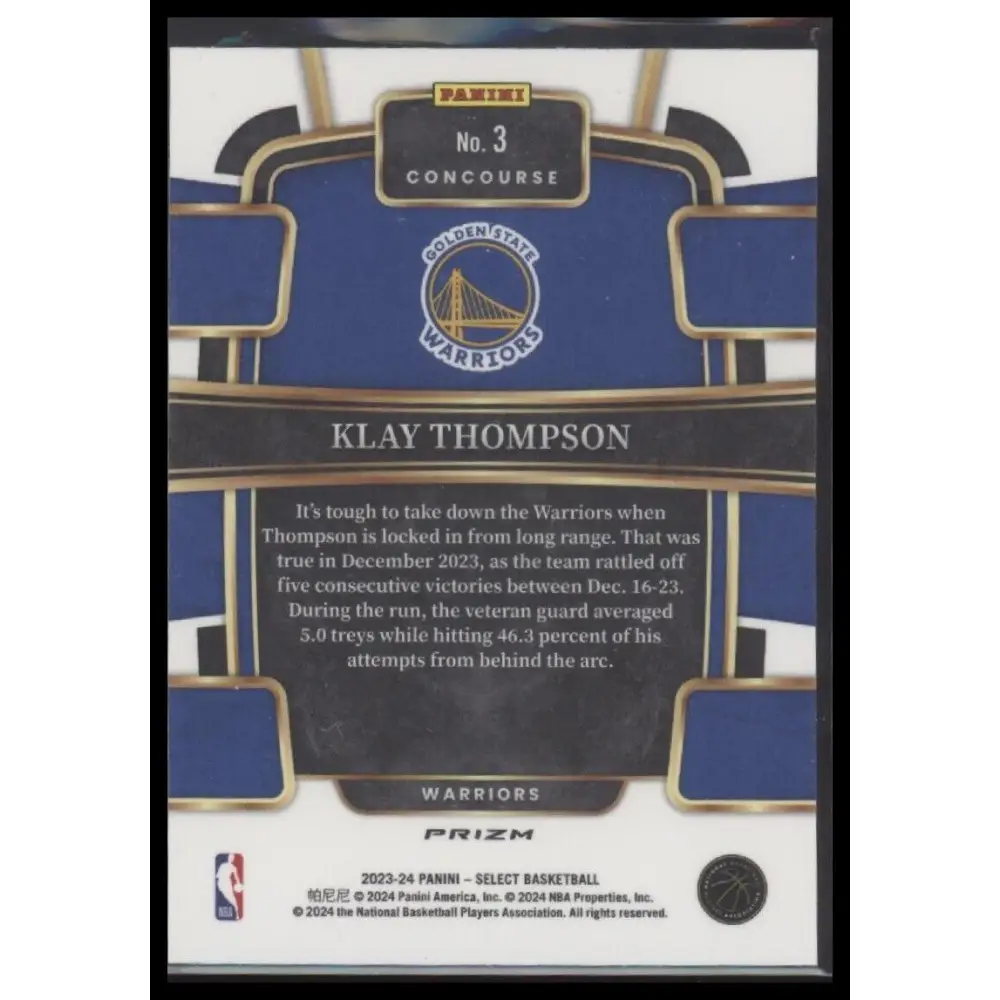 2023-24 Panini Select #3 Klay Thompson Tri-Color Prizms