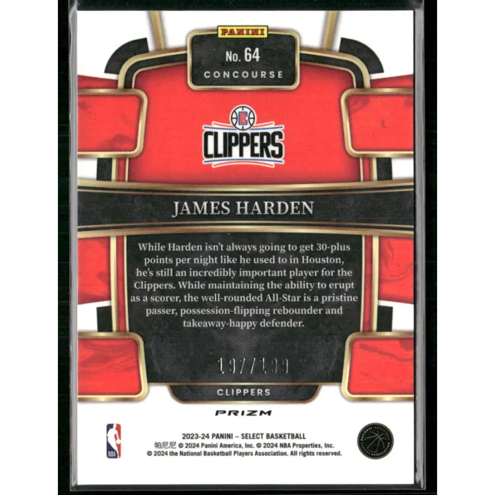 2023-24 Panini Select #64 James Harden Red Prizms #/199