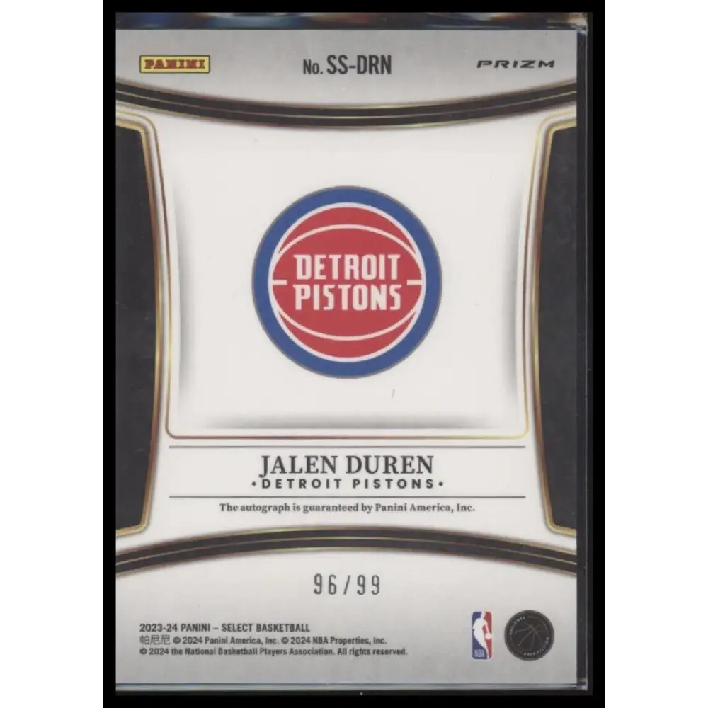 2023-24 Panini Select #SS-DRN Jalen Duren Signatures Red Prizms #/99