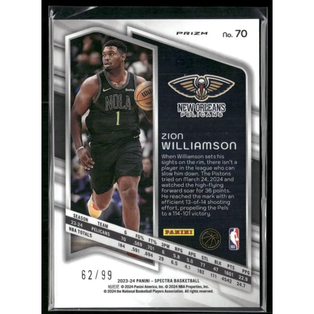 2023-24 Panini Spectra #70 Zion Williamson Interstellar #/99